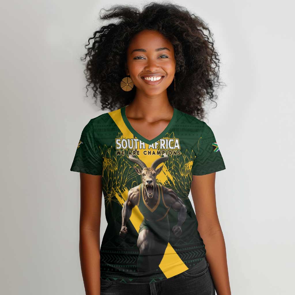 Personalised South Africa Rugby Women V-Neck T-Shirt Proud Bokke We Are Champions