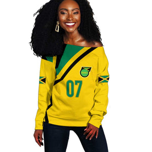 Personalised Jamaica Football Off Shoulder Sweater Reggae Boyz Retro WC 1998 Inspired