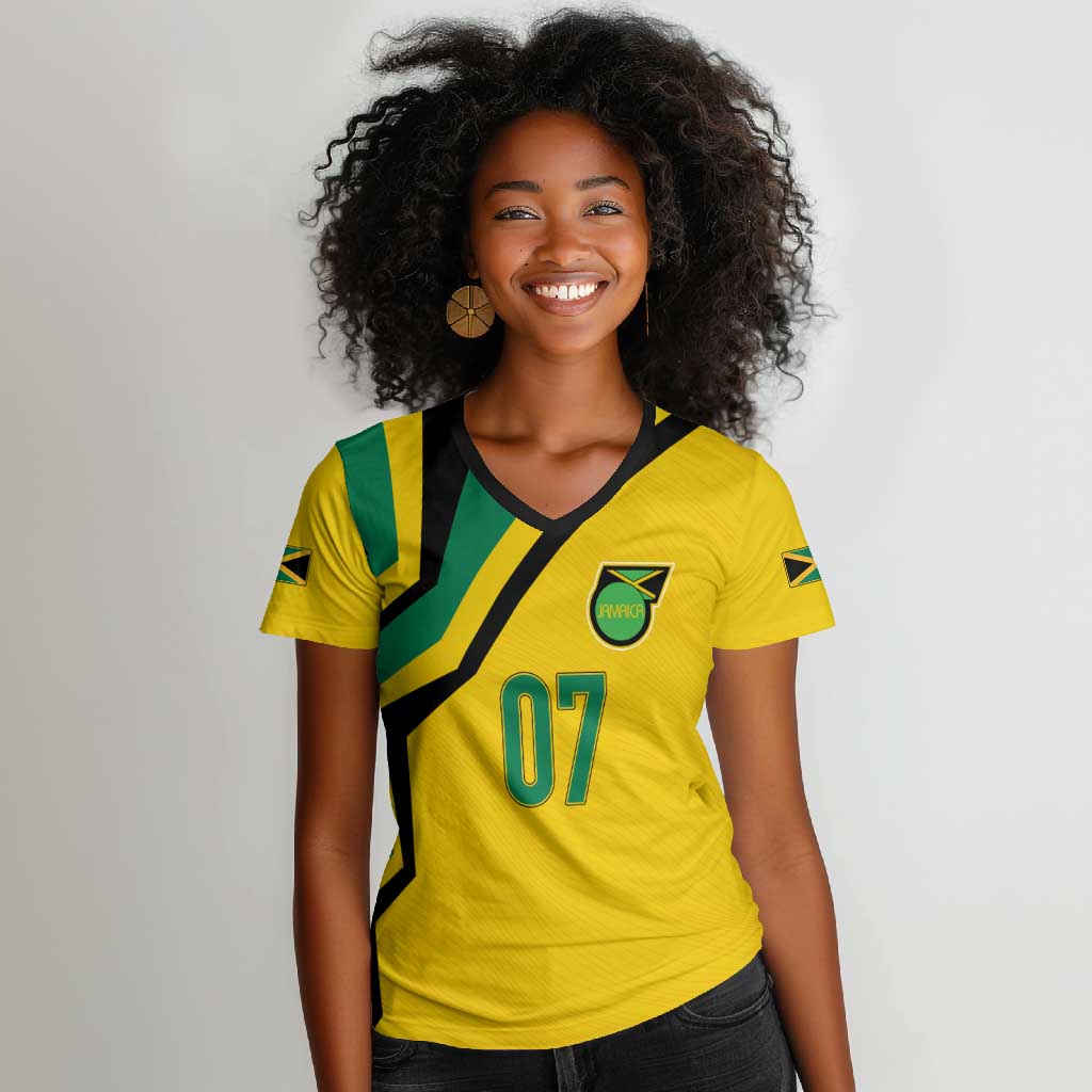 Personalised Jamaica Football Women V-Neck T-Shirt Reggae Boyz Retro WC 1998 Inspired