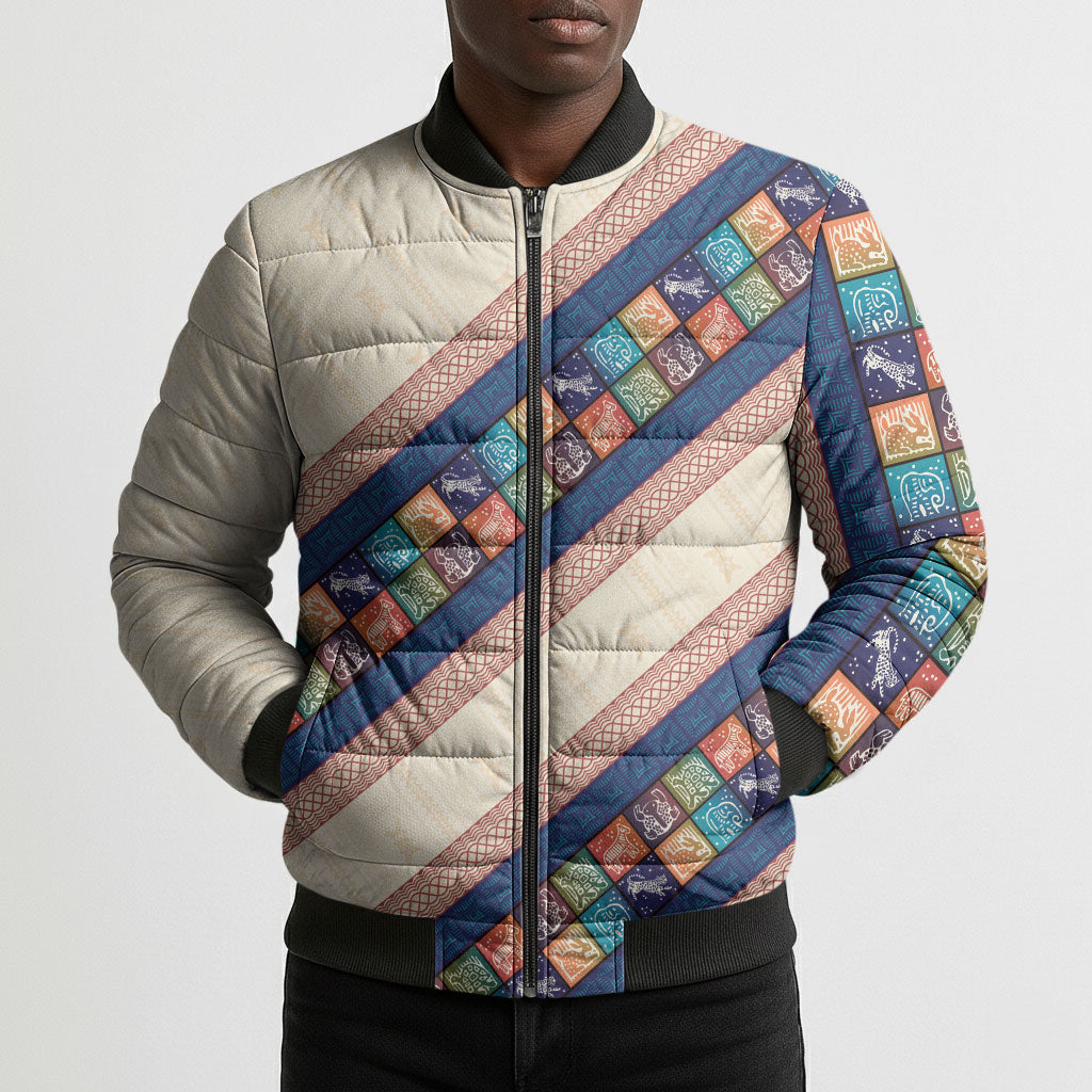 Zimbabwe Heritage Bomber Puffer Jacket Screen Print Animals Motif