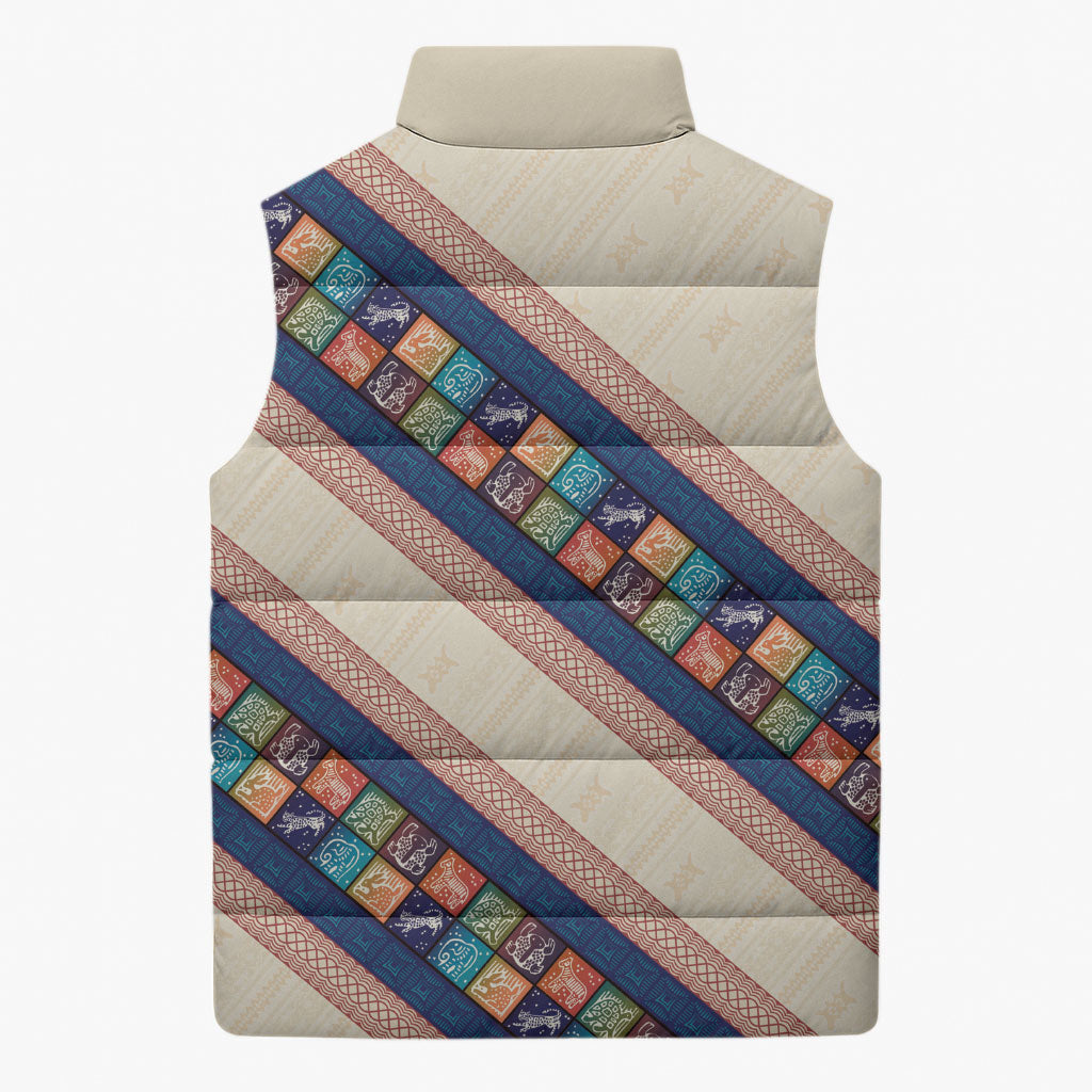 Zimbabwe Heritage Sleeveless Puffer Jacket Screen Print Animals Motif