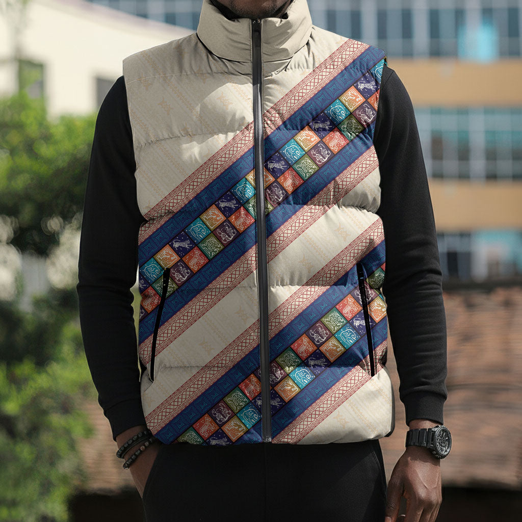 Zimbabwe Heritage Sleeveless Puffer Jacket Screen Print Animals Motif