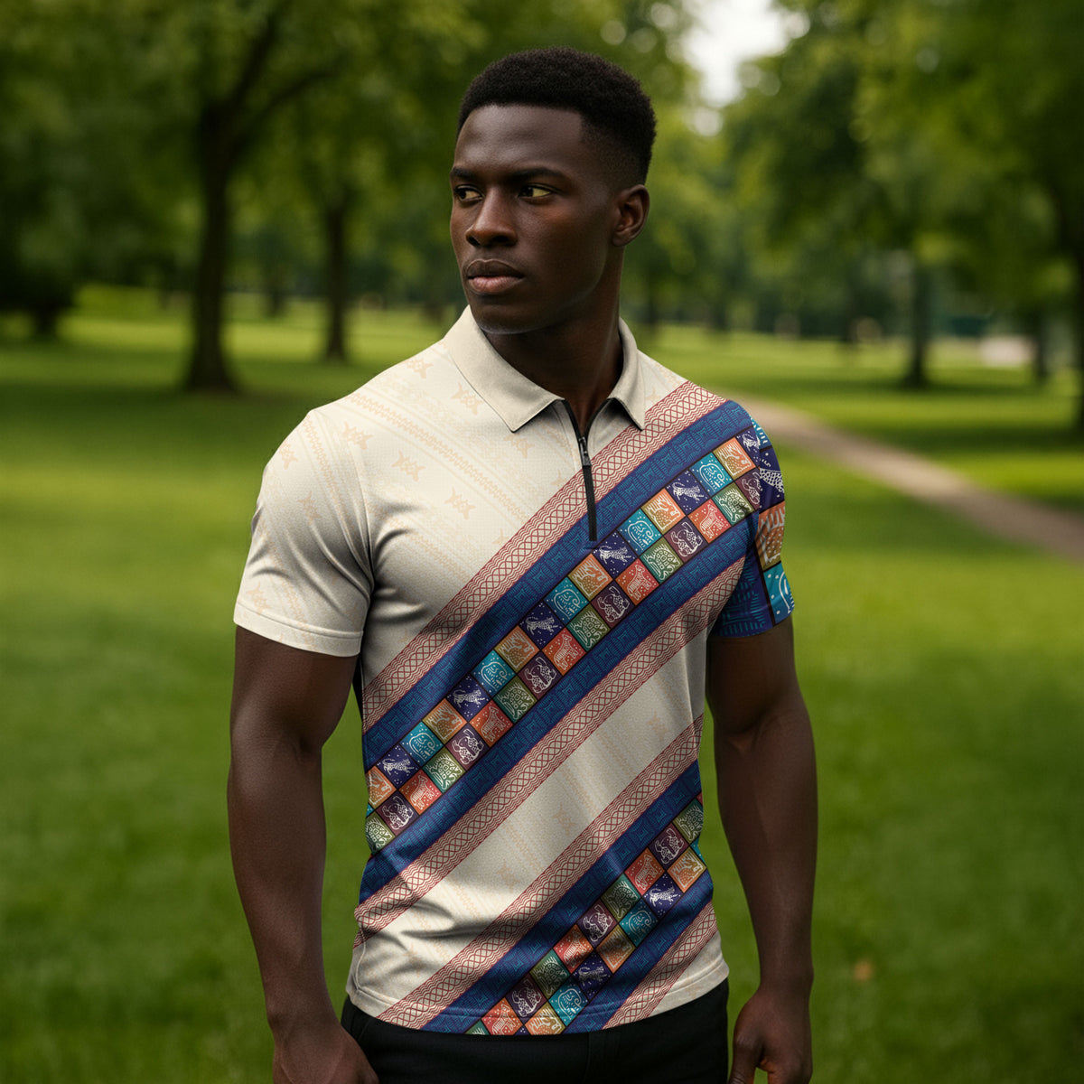 Zimbabwe Heritage Zipper Polo Shirt Screen Print Animals Motif