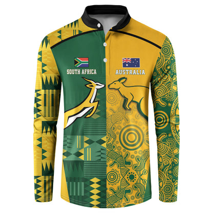 South Africa - Australia Rugby Custom Indigenous Motifs Button Sweatshirt Bokke Vs Wallabies