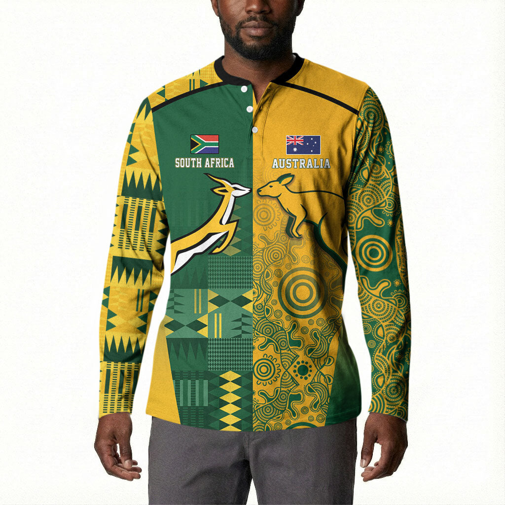 South Africa - Australia Rugby Custom Indigenous Motifs Button Sweatshirt Bokke Vs Wallabies