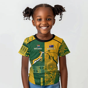 South Africa - Australia Rugby Custom Indigenous Motifs Kid T shirt Bokke Vs Wallabies