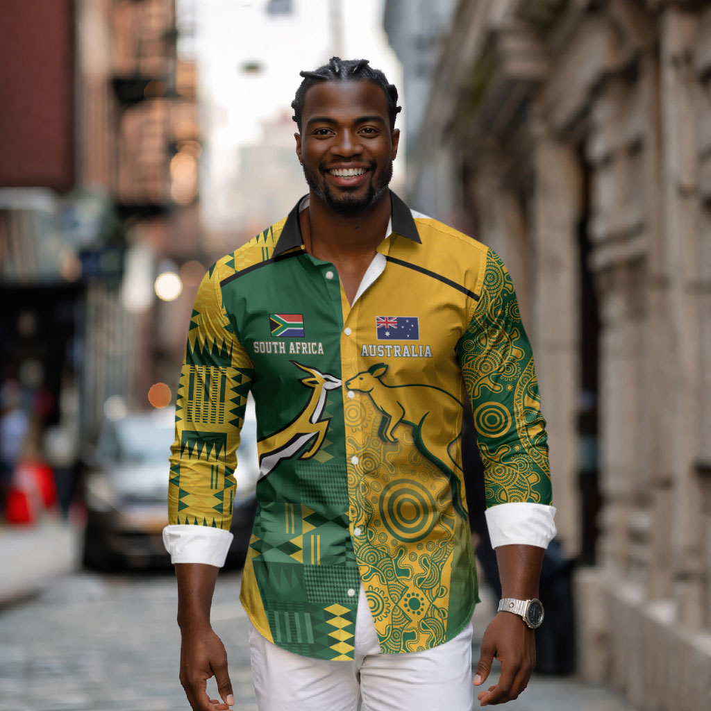South Africa - Australia Rugby Custom Indigenous Motifs Long Sleeve Button Shirt Bokke Vs Wallabies
