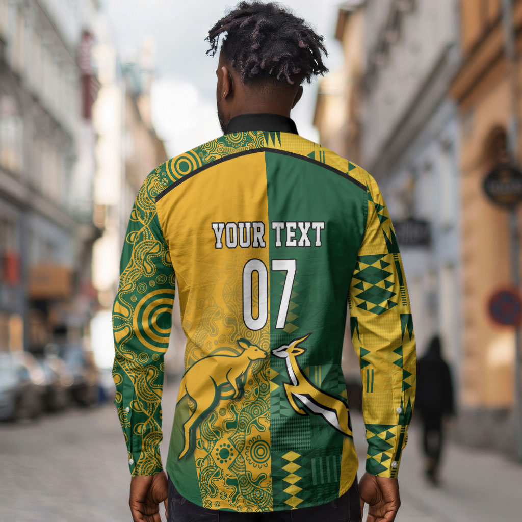 South Africa - Australia Rugby Custom Indigenous Motifs Long Sleeve Button Shirt Bokke Vs Wallabies