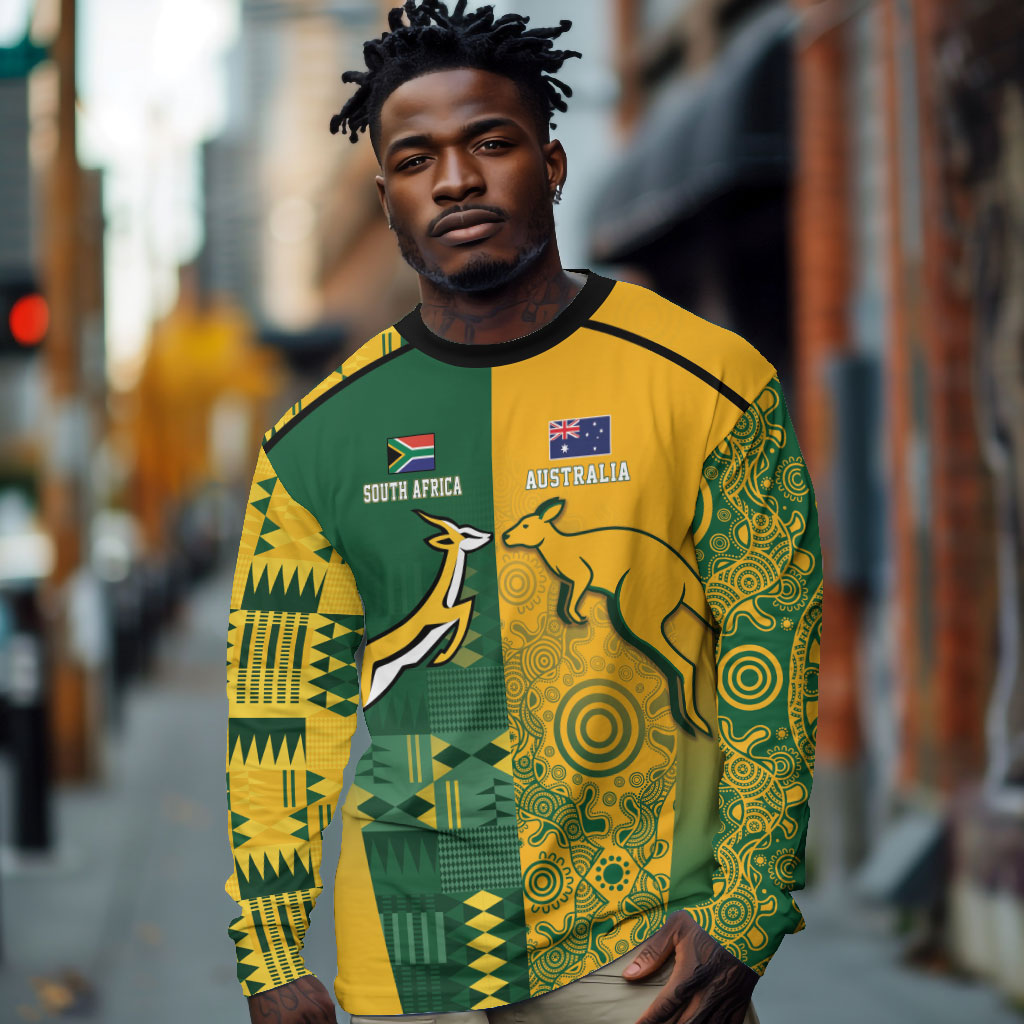 South Africa - Australia Rugby Custom Indigenous Motifs Long Sleeve Shirt Bokke Vs Wallabies
