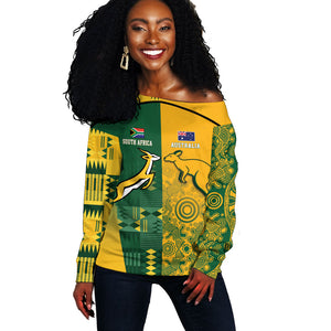 South Africa - Australia Rugby Custom Indigenous Motifs Off Shoulder Sweater Bokke Vs Wallabies