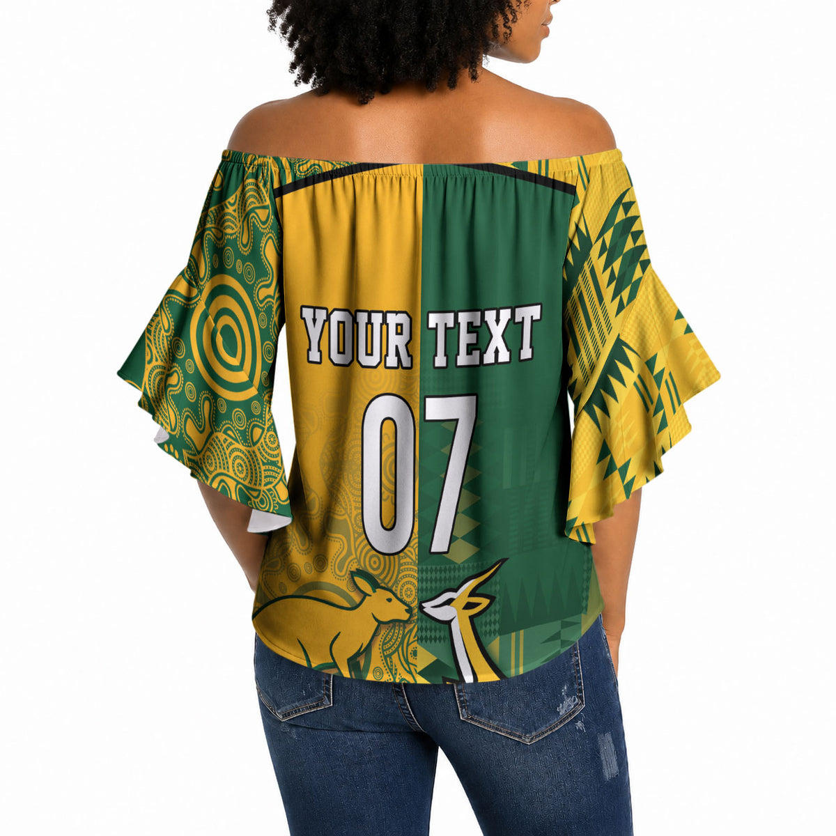 South Africa - Australia Rugby Custom Indigenous Motifs Off Shoulder Wrap Waist Top Bokke Vs Wallabies