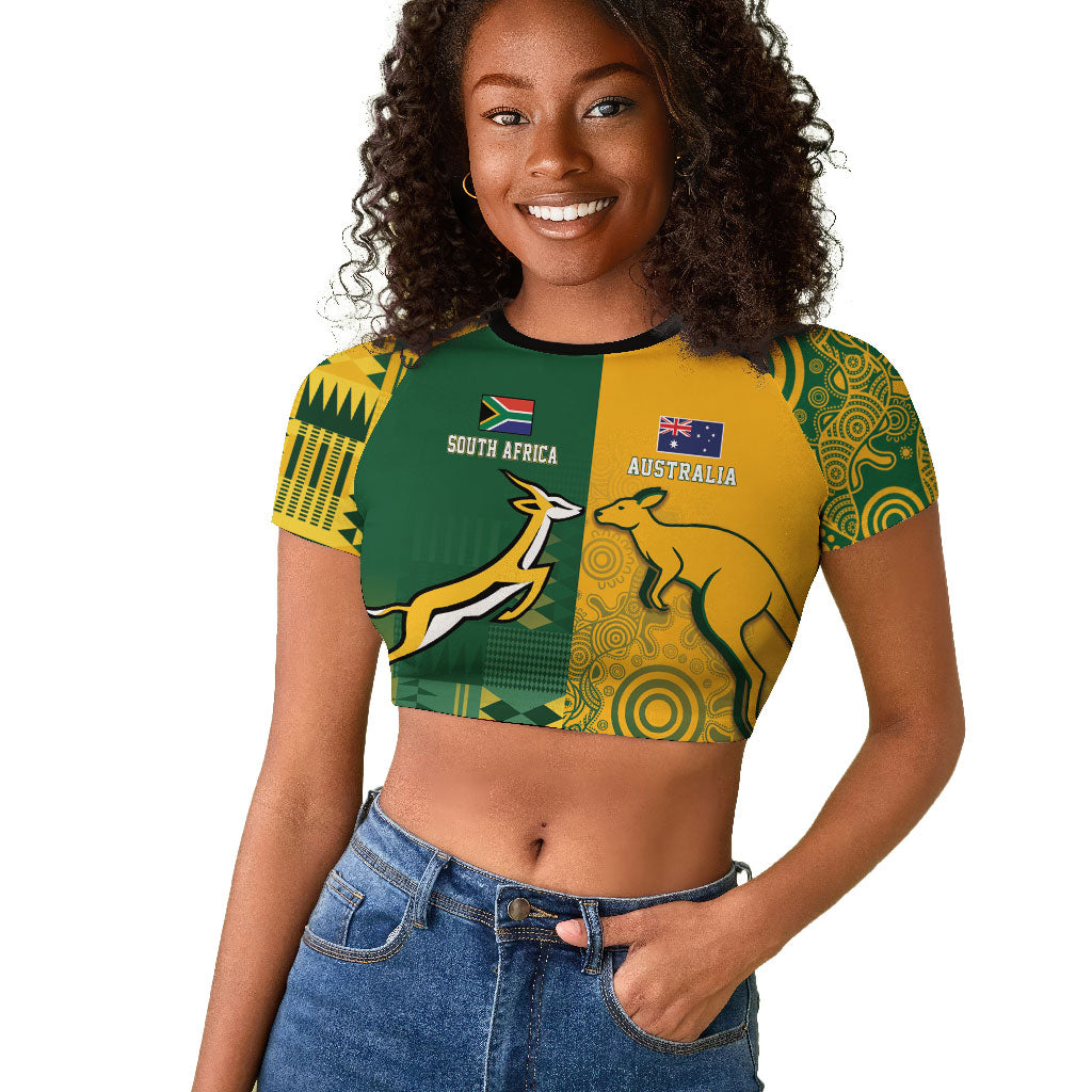 South Africa - Australia Rugby Custom Indigenous Motifs Raglan Cropped T shirt Bokke Vs Wallabies