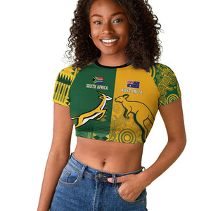 South Africa - Australia Rugby Custom Indigenous Motifs Raglan Cropped T shirt Bokke Vs Wallabies