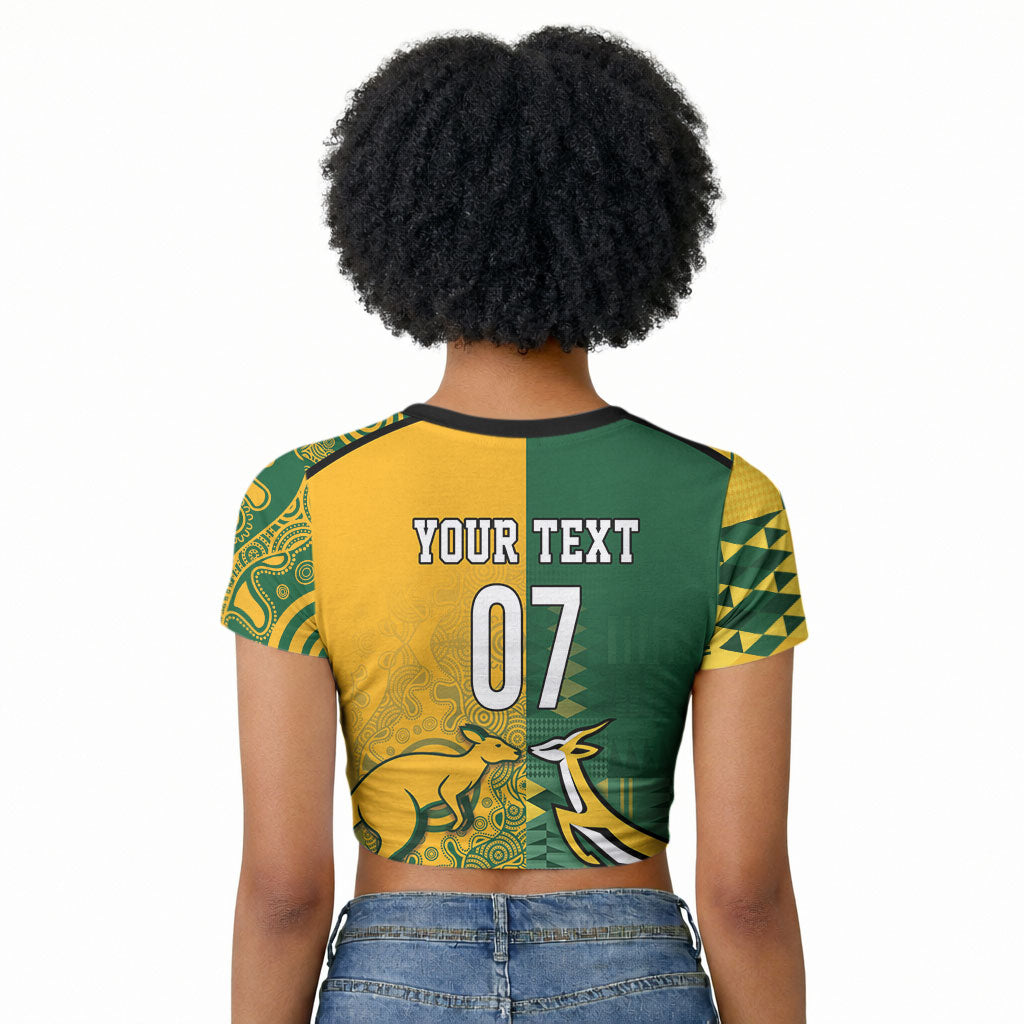 South Africa - Australia Rugby Custom Indigenous Motifs Raglan Cropped T shirt Bokke Vs Wallabies