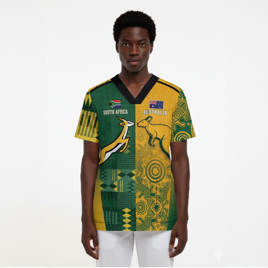 South Africa - Australia Rugby Custom Indigenous Motifs Scrub Top Bokke Vs Wallabies