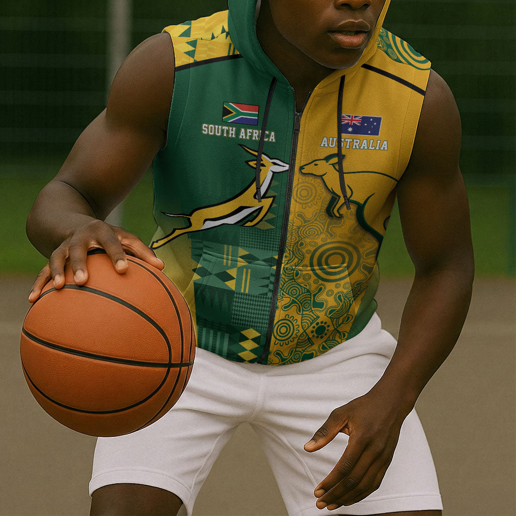 South Africa - Australia Rugby Custom Indigenous Motifs Sleeveless Zip Hoodie Bokke Vs Wallabies