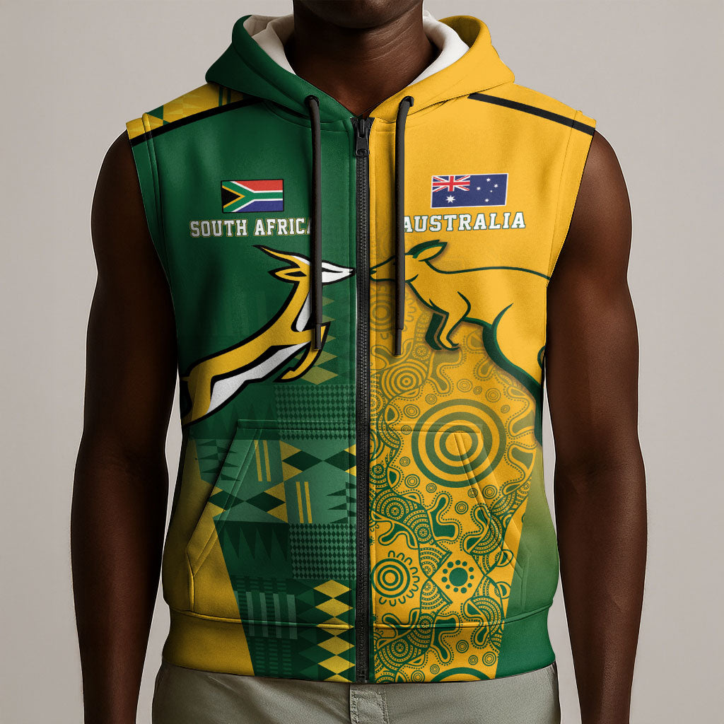 South Africa - Australia Rugby Custom Indigenous Motifs Sleeveless Zip Hoodie Bokke Vs Wallabies