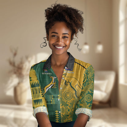 South Africa - Australia Rugby Custom Indigenous Motifs Women Casual Shirt Bokke Vs Wallabies