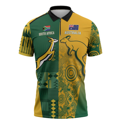 South Africa - Australia Rugby Custom Indigenous Motifs Zipper Polo Shirt Bokke Vs Wallabies