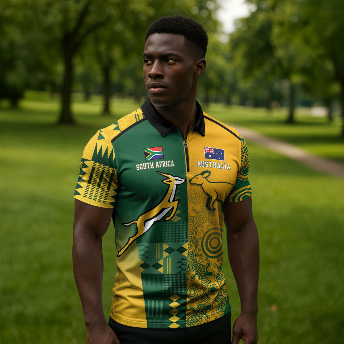 South Africa - Australia Rugby Custom Indigenous Motifs Zipper Polo Shirt Bokke Vs Wallabies