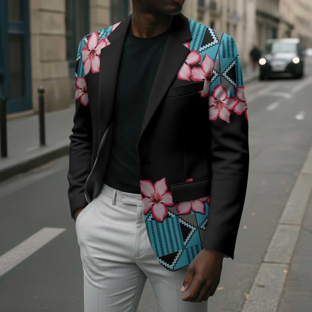 African Adenium Multiflorum Flowers Blazer with Kente Style