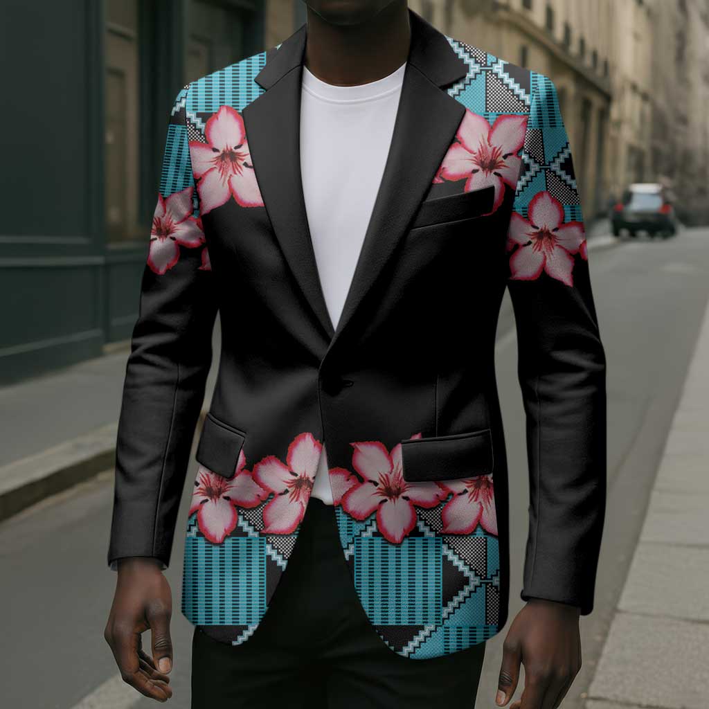 African Adenium Multiflorum Flowers Blazer with Kente Style