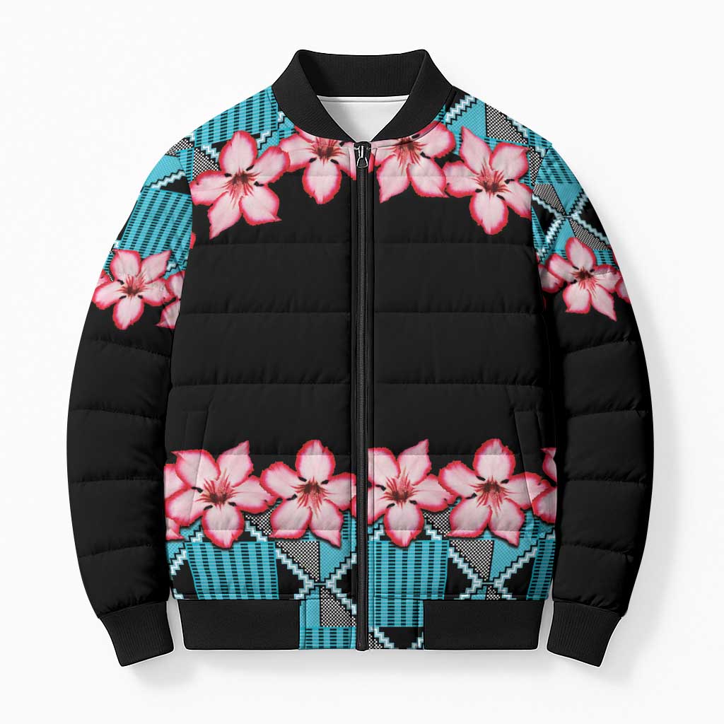 African Adenium Multiflorum Flowers Bomber Puffer Jacket with Kente Style