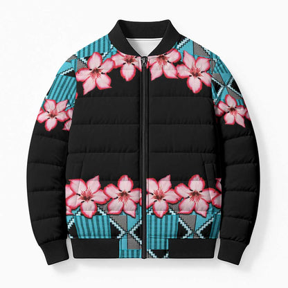 African Adenium Multiflorum Flowers Bomber Puffer Jacket with Kente Style