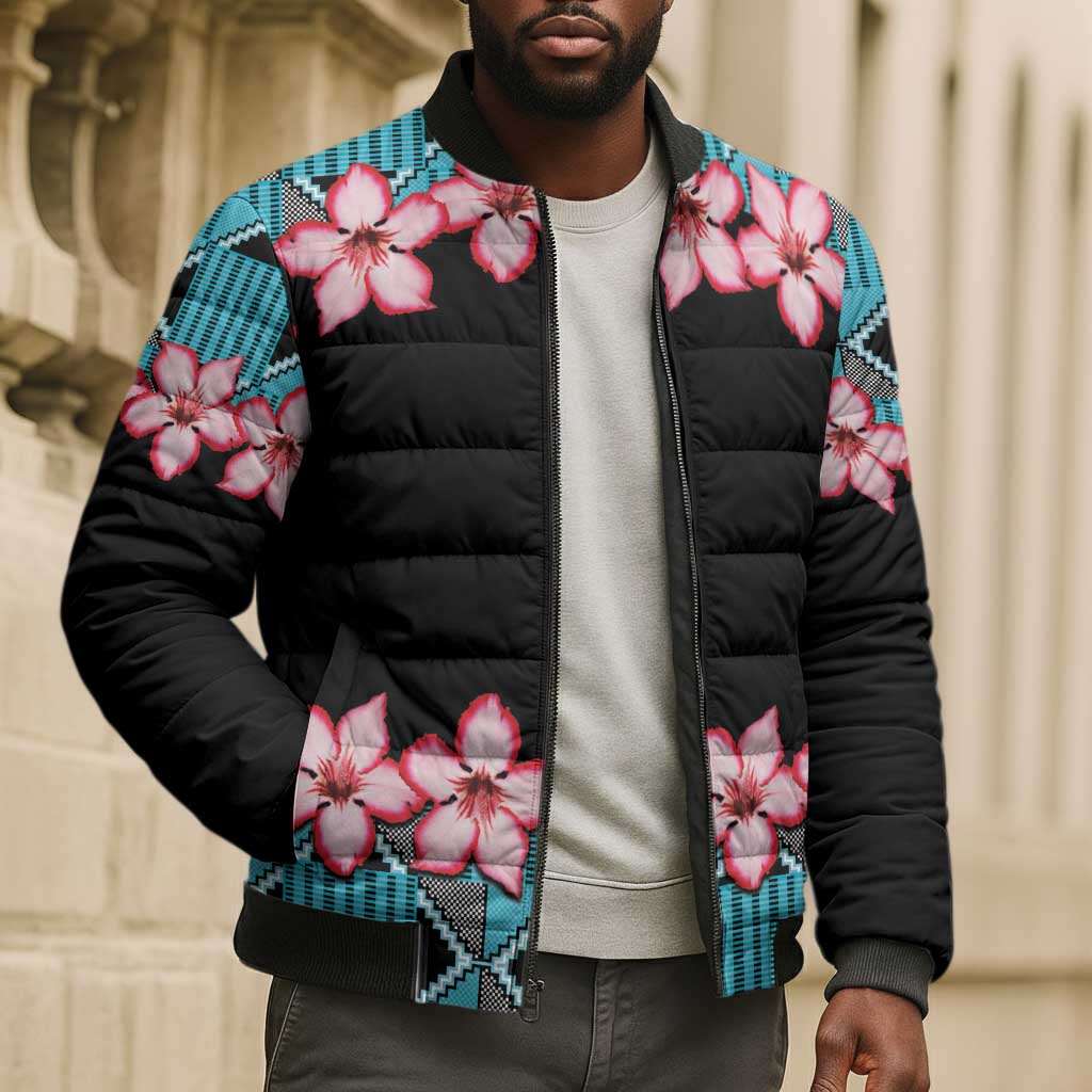 African Adenium Multiflorum Flowers Bomber Puffer Jacket with Kente Style