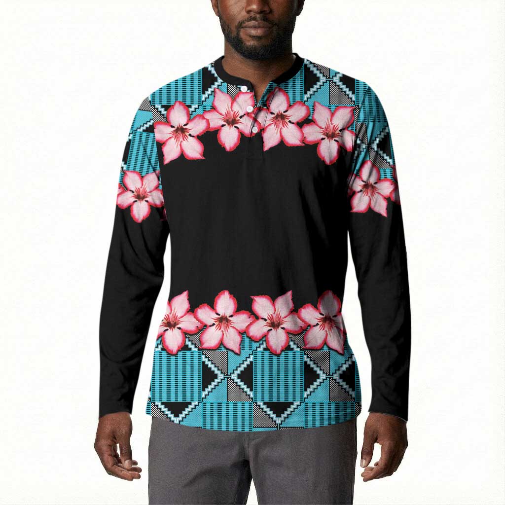 African Adenium Multiflorum Flowers Button Sweatshirt with Kente Style