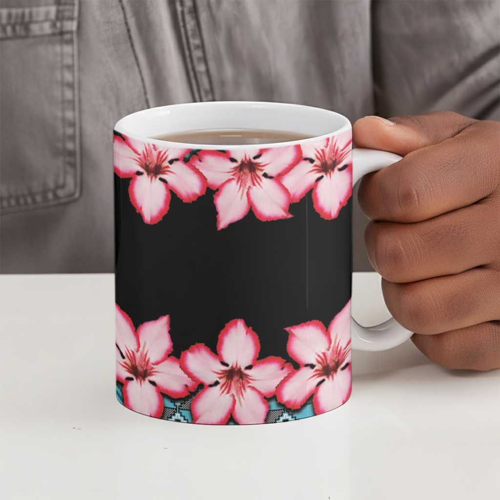 African Adenium Multiflorum Flowers Ceramic Mug with Kente Style