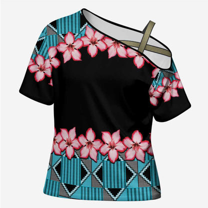 African Adenium Multiflorum Flowers Cross Shoulder Shirt with Kente Style