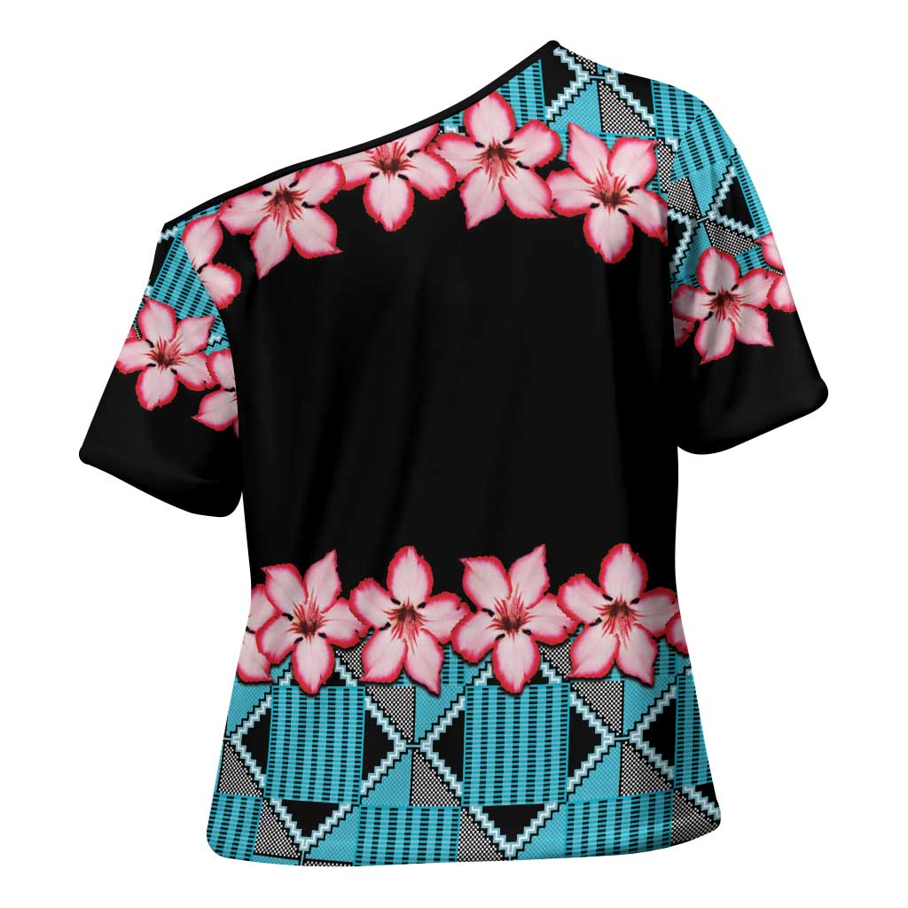 African Adenium Multiflorum Flowers Cross Shoulder Shirt with Kente Style