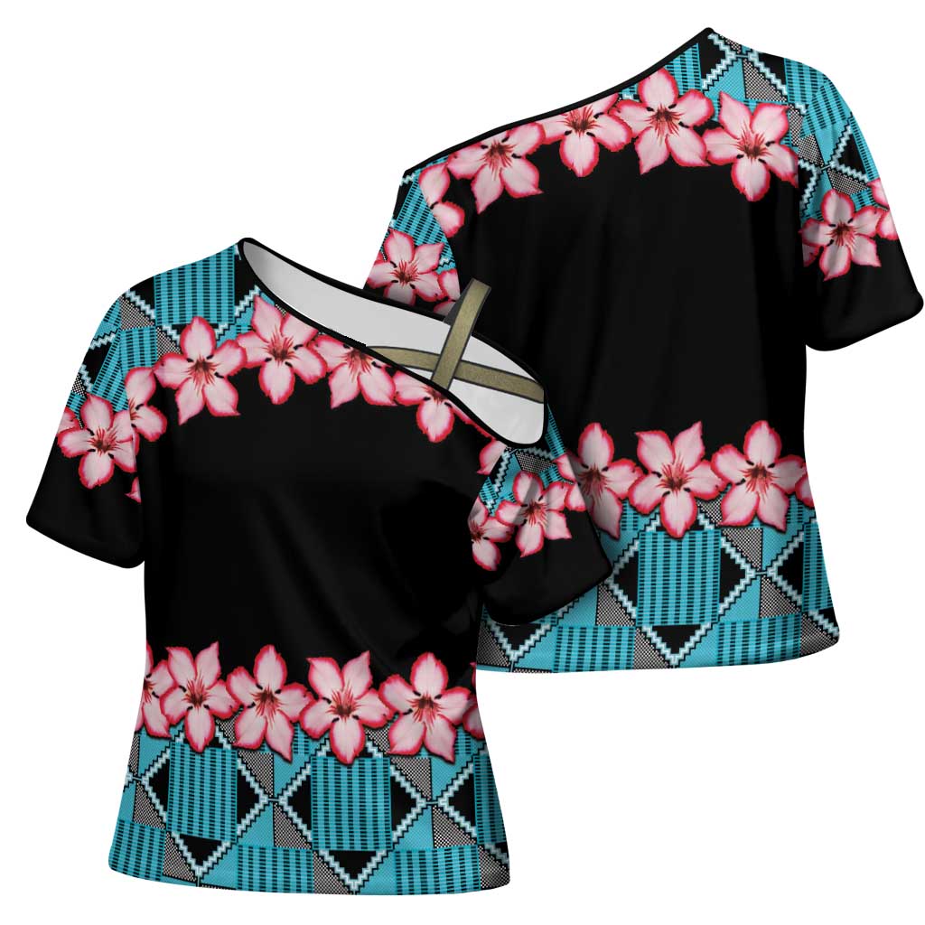 African Adenium Multiflorum Flowers Cross Shoulder Shirt with Kente Style