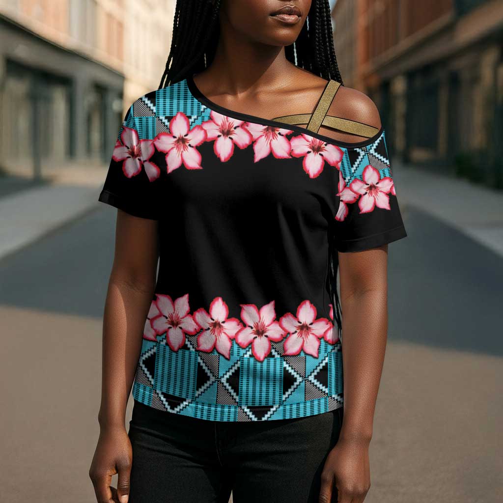 African Adenium Multiflorum Flowers Cross Shoulder Shirt with Kente Style