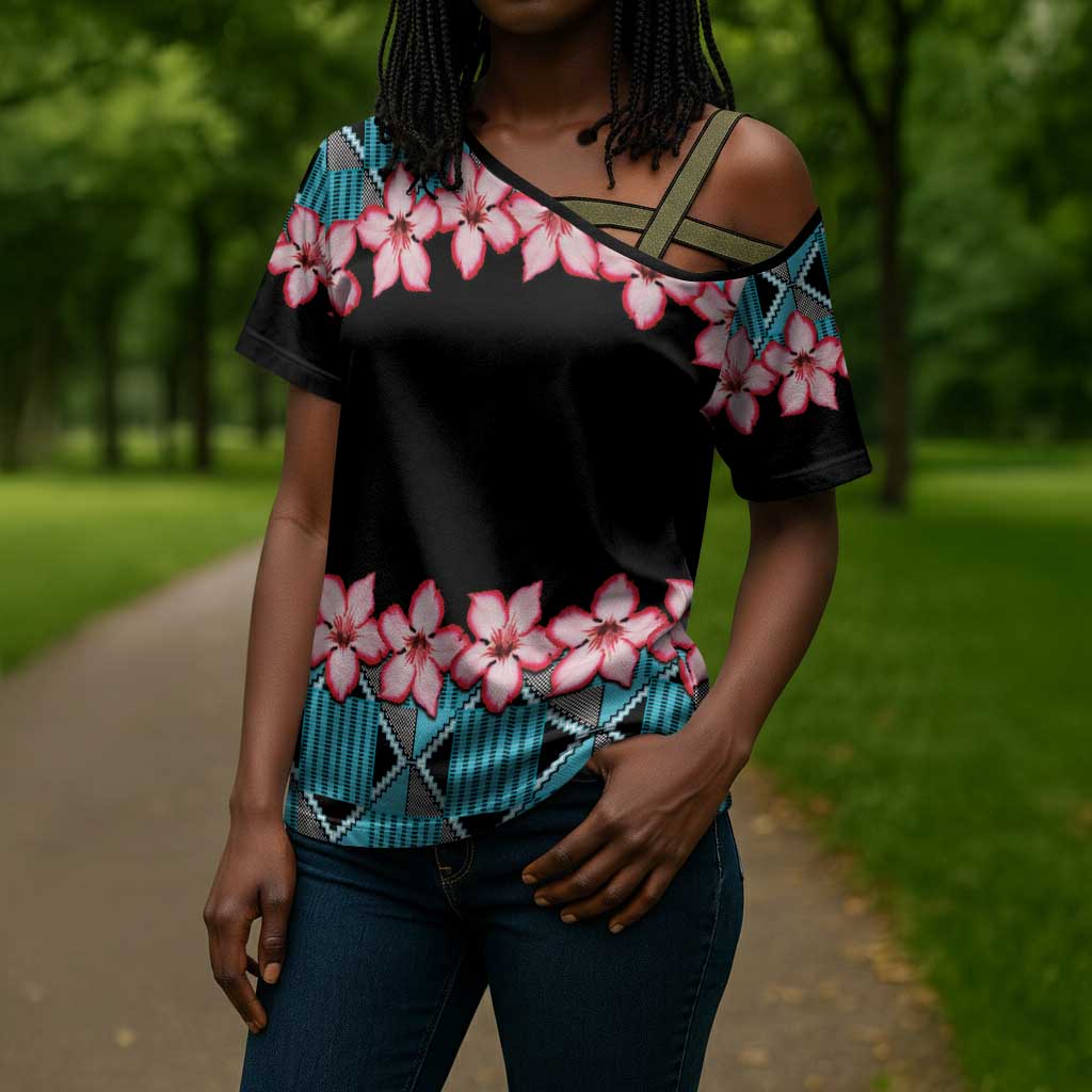African Adenium Multiflorum Flowers Cross Shoulder Shirt with Kente Style
