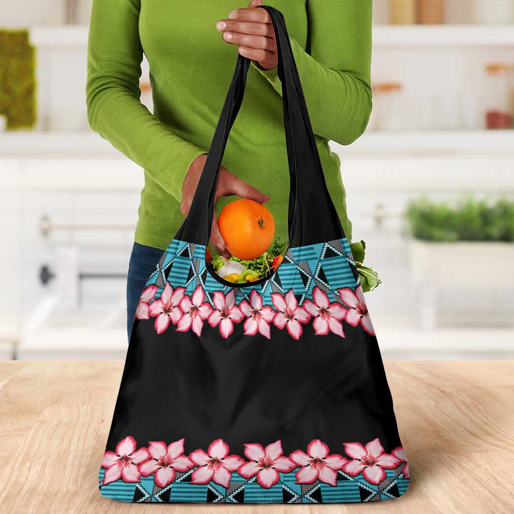 African Adenium Multiflorum Flowers Grocery Bag with Kente Style