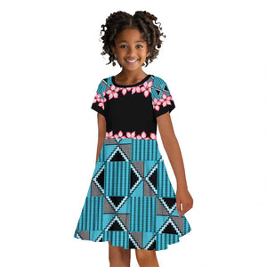 African Adenium Multiflorum Flowers Kid Short Sleeve Dress with Kente Style