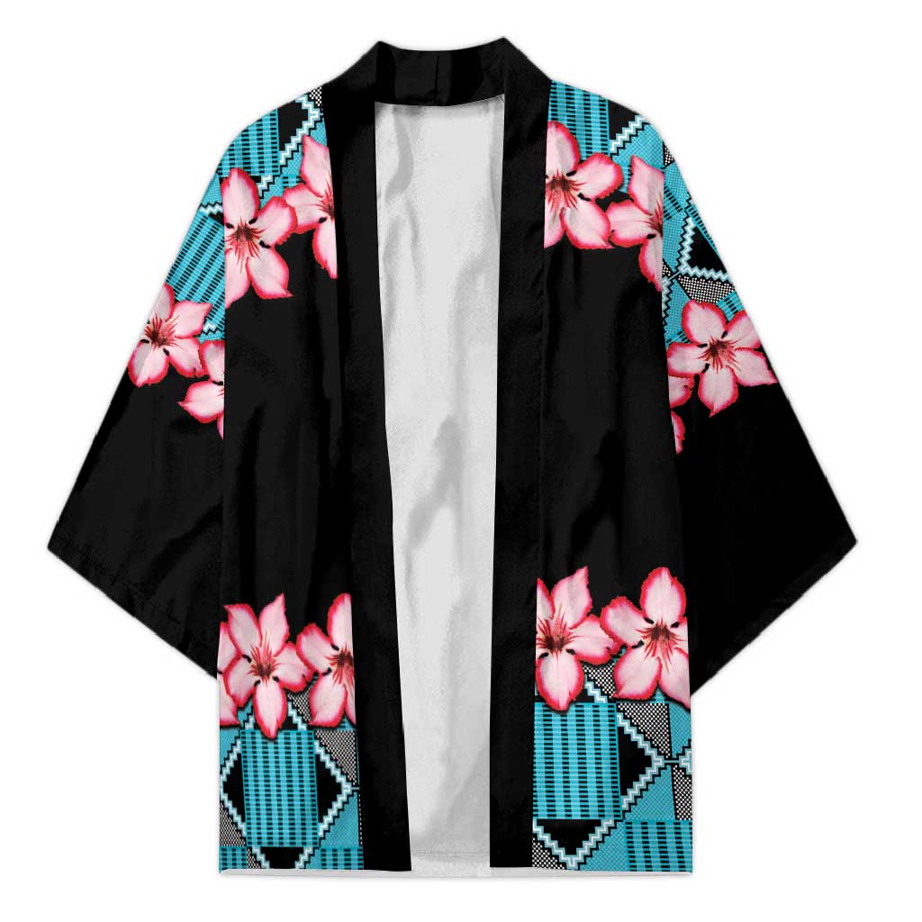 African Adenium Multiflorum Flowers Kimono with Kente Style