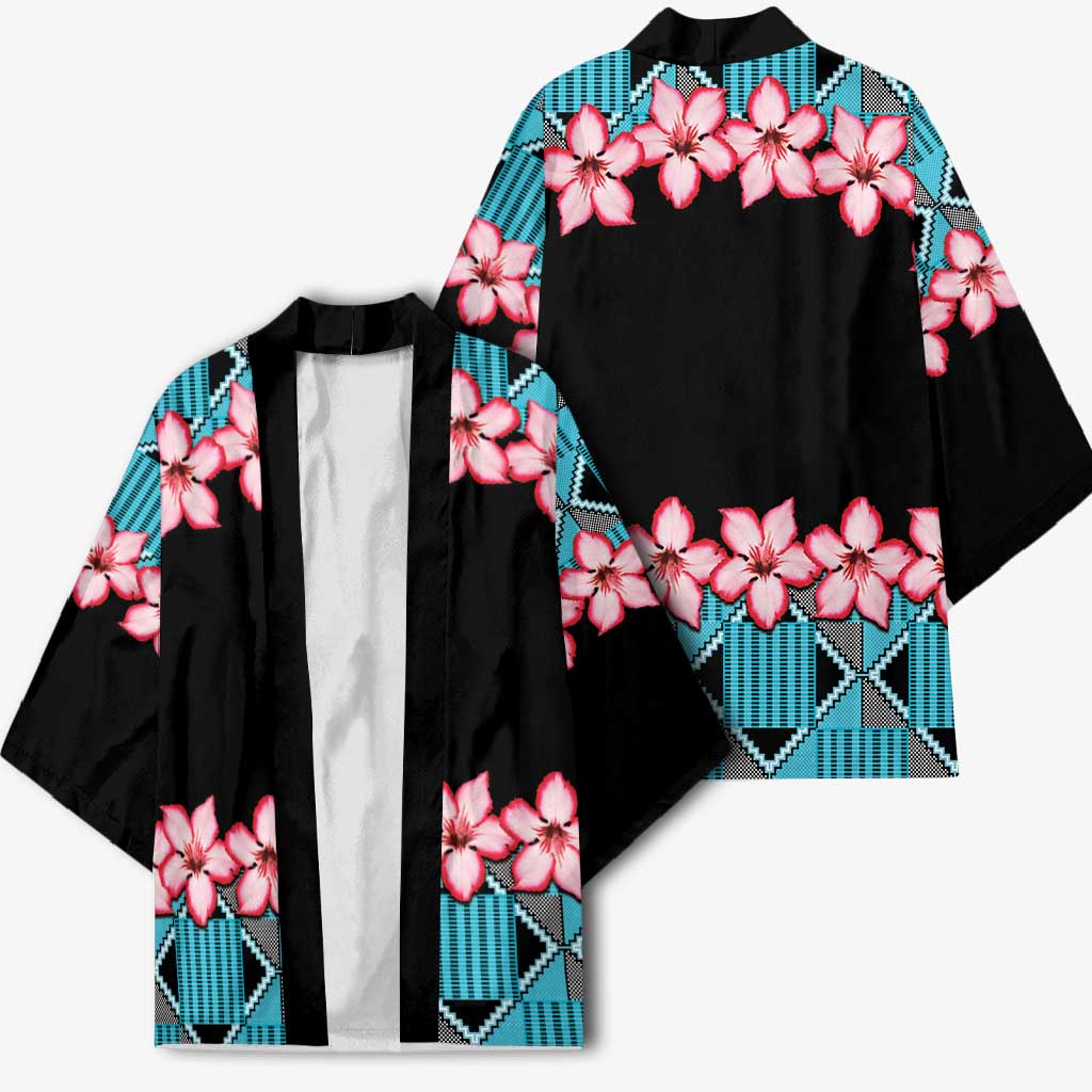 African Adenium Multiflorum Flowers Kimono with Kente Style
