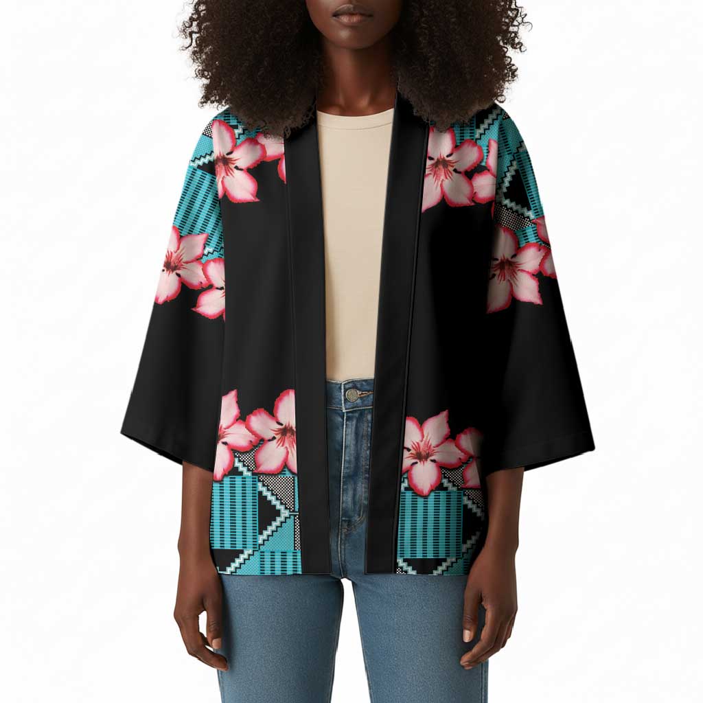 African Adenium Multiflorum Flowers Kimono with Kente Style