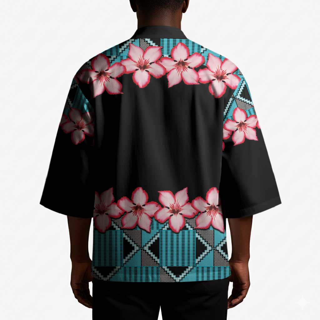 African Adenium Multiflorum Flowers Kimono with Kente Style
