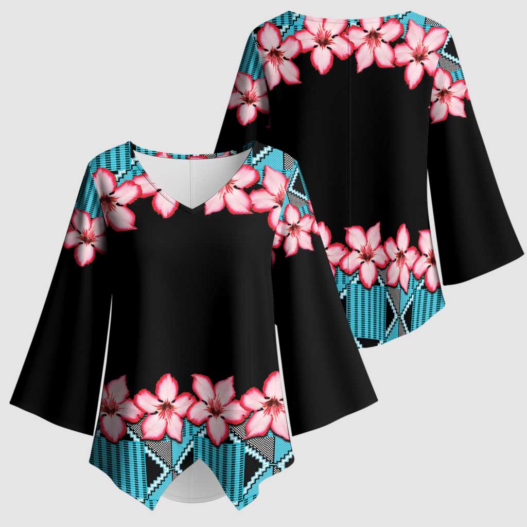 African Adenium Multiflorum Flowers Kimono Sleeve Blouse with Kente Style