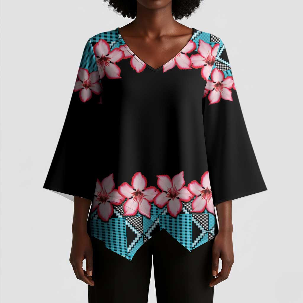 African Adenium Multiflorum Flowers Kimono Sleeve Blouse with Kente Style