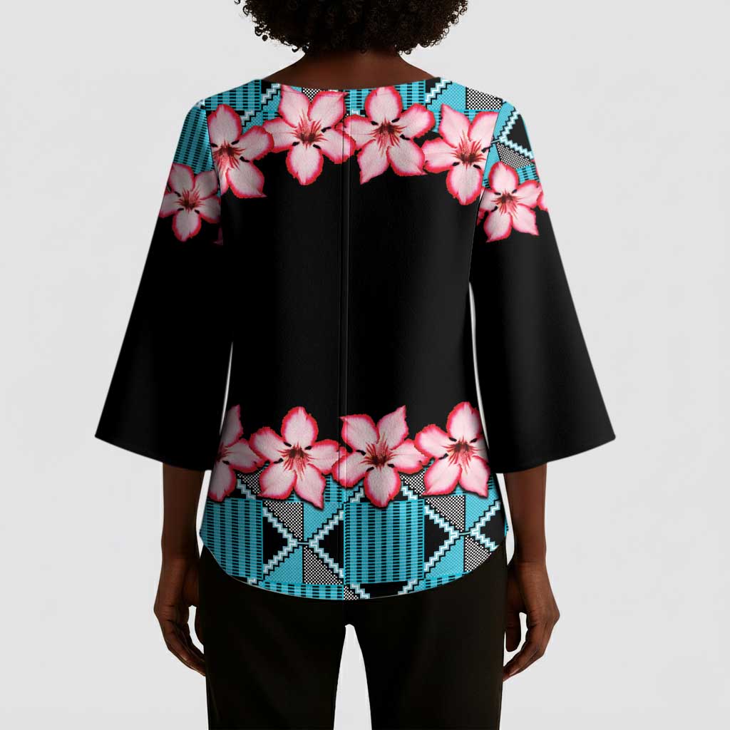 African Adenium Multiflorum Flowers Kimono Sleeve Blouse with Kente Style