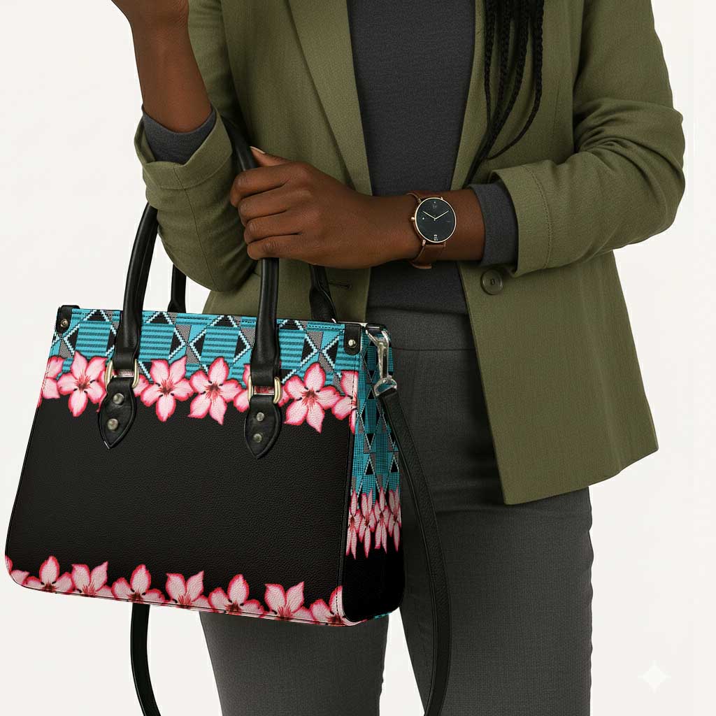 African Adenium Multiflorum Flowers Leather Bag with Kente Style