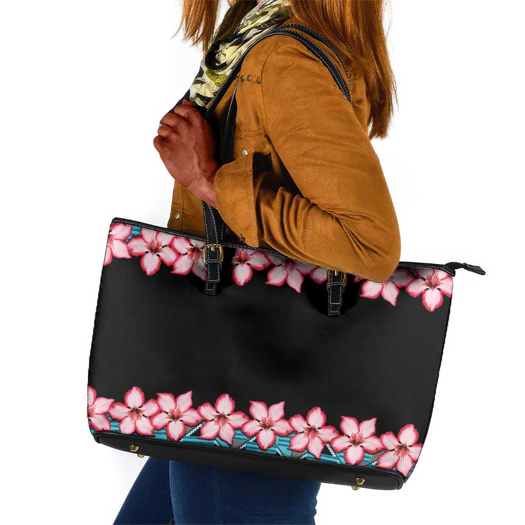 African Adenium Multiflorum Flowers Leather Tote Bag with Kente Style