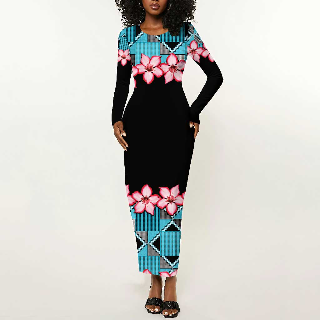 African Adenium Multiflorum Flowers Long Sleeve Bodycon Dress with Kente Style