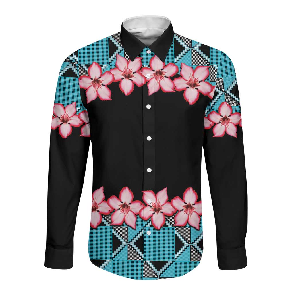 African Adenium Multiflorum Flowers Long Sleeve Button Shirt with Kente Style