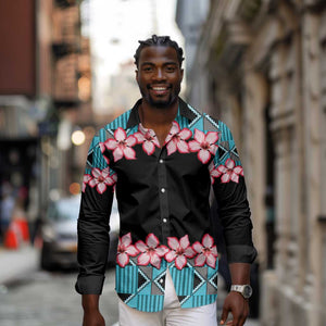 African Adenium Multiflorum Flowers Long Sleeve Button Shirt with Kente Style